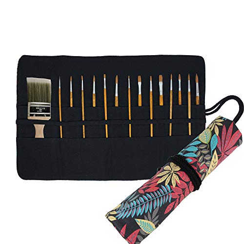 30 Pockets Artist Paint Brush Roll Up Bag Holder Canvas Pouch Case (Colorful Leaf) - color: Colorful Leaf