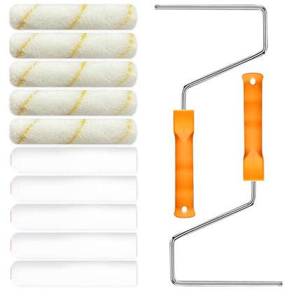 10 Pcs 6 inch Paint Roller Cover with 2 Frame Set | Microfiber Roller, High Density Foam Paint Rollers, Mini Paint Brush Kit for Painting Walls,Ceilings,Cabinets,Cupboards,Doors - size: 6", 10pieces