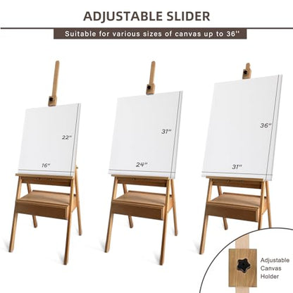 Large Solid Beech Wood Painting Easel H-Frame with Storage Drawer - color: Wooden Normal