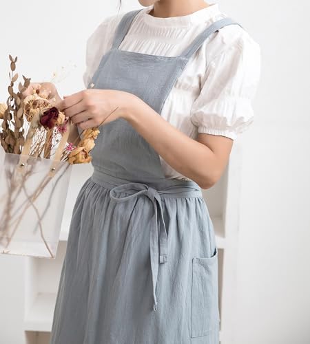 KITCHIEF Cotton Linen Pinafore Dress Cute Apron for Women with Pockets Art Vintage Aprons for Kitchen Baking Gardening - color: Light Blue