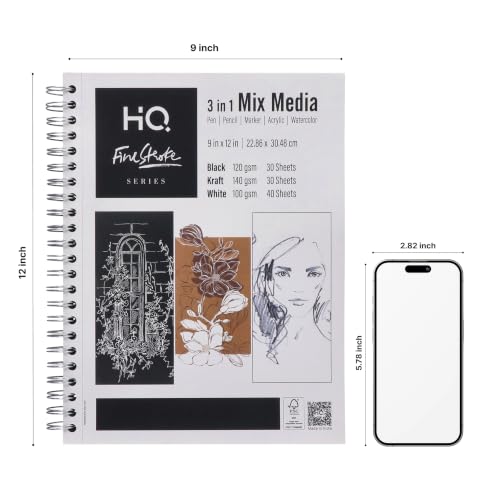 HQ Finestroke 3 in 1 Mix Media Sketchbook, 9 x 12 Inches Art Pad, Mixed Paper for Sketching, Drawing and Painting, Top Wiro Binding, 30 Sheet