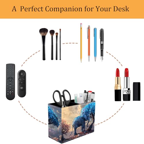 Pen Holder for Desk, PU Leather Multifunctional Desktop Storage Box and Anti-Slip Mouse Pad Set, Makeup Brush Holder Pen Organizer for Office and Home - Leaves and Elephants - color: Leaves and Elephants