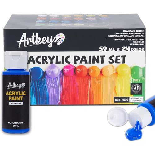Artkey Acrylic Paint Set, 24 Colors 2 oz/59 ml Acrylic Paint Kit for Professional Artists & Beginners – Craft & Art Supplies for Canvas, Wood, Fabric, Rock, Leather, Ceramic, Glass, Easter Egg - color: 24 Colors, style: Basics
