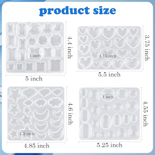 Actvty Earring Resin Mold with Holes, 4 Pieces Silicone Pendant Epoxy Molds, Jewelry Molds for Resin Casting, DIY Gem Cabochon, Earrings, Necklace, Jewelry, Keychain