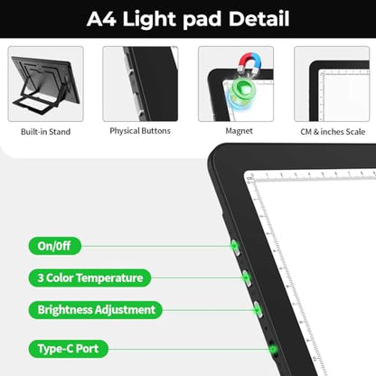 Zocelight Rechargeable A4 Light Pad with Built-in Stand & Bag,Super Bright Magnetic Light Box For Tracing,Wireless Diamond Art Light Board with Side Buttons, Light Table for Diamond Painting,Sketching - size: A4 with Stand & Bag