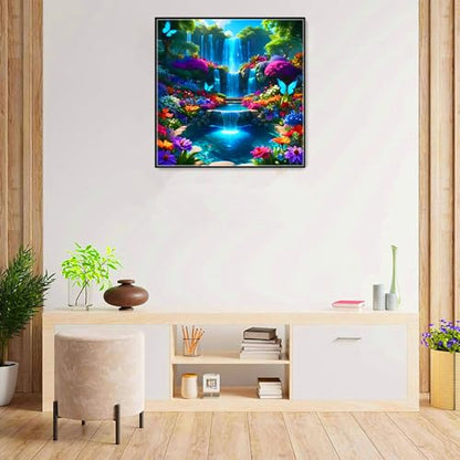MMAHD 5D Diamond Painting Kit, Enchanted Waterfall Garden with Blue Butterflies, Full Drill Crystal Rhinestone Embroidery Art, Nature Scene (Landscape) - style: landscape