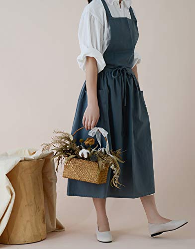 VLZUFE Women Cotton Linen Cross Back Apron for Gardening Works Pinafore Dress with Pockets Navy - color: Navy