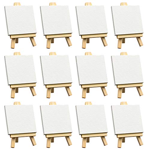 FIXSMITH 3x3 Inch Mini Stretched Canvas Easel Set- Bulk Pack of 12,Small Stretched White Blank Canvas Panels & Wood Easels for Painting Craft Drawing Decoration Gift Art Project DIY, Art Supplies - size: 3"X3"+ Easel