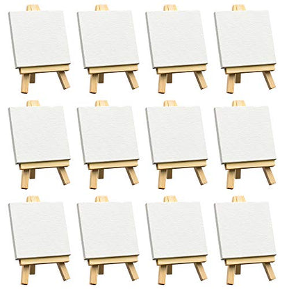 FIXSMITH 3x3 Inch Mini Stretched Canvas Easel Set- Bulk Pack of 12,Small Stretched White Blank Canvas Panels & Wood Easels for Painting Craft Drawing Decoration Gift Art Project DIY, Art Supplies - size: 3"X3"+ Easel