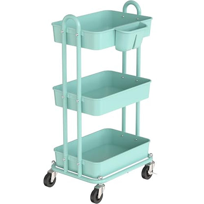 Simple Houseware 3-Tier Rolling Utility Cart with Hanging Bucket, Turquoise - color: Turqoise, size: 3-Tier