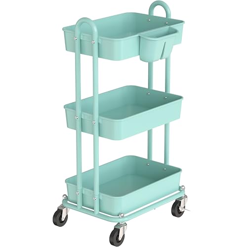 Simple Houseware 3-Tier Rolling Utility Cart with Hanging Bucket, Turquoise - color: Turqoise, size: 3-Tier