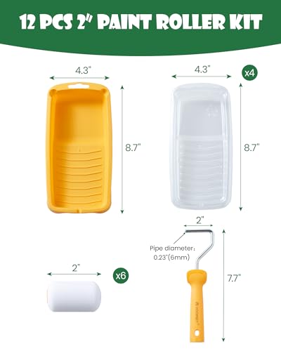 Voomey Foam Paint Roller, 2 Inch Mini Paint Roller Kit 12 Pack | Small Paint Rollers with Tray and Roller Frame for Touch Up Painting Wall, Door, Cabinet - size: 2 Inch Mini Paint Roller Kit 12 Pack