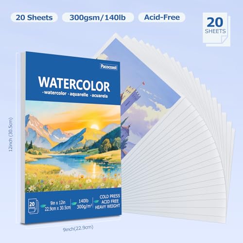 Pacocoast Watercolor Paper Pad, 9"x12" Water Color Paper, 140lb/300gsm Blue - color: Blue, size: 9" x 12"