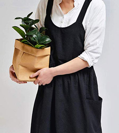 Women Girls Cross Back Apron Gardening Works Cotton Aprons Pinafore Dress - color: Black