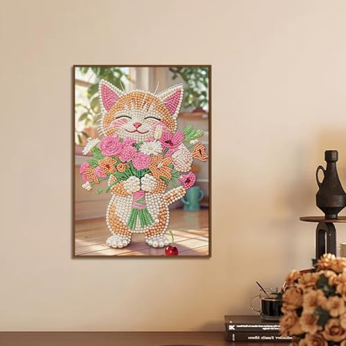 Stalente Pearl Diamond Painting Kits for Adults Cat and Flower, 5D Special Shape Diamond Art Kits for Beginners, Crystal Rhinestones Diamond Painting for Home Wall Decoration Gift 12×16inch, Animal