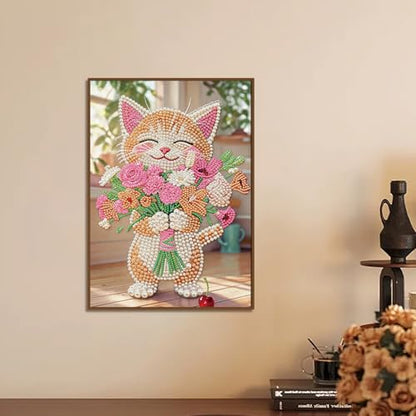 Stalente Pearl Diamond Painting Kits for Adults Cat and Flower, 5D Special Shape Diamond Art Kits for Beginners, Crystal Rhinestones Diamond Painting for Home Wall Decoration Gift 12×16inch, Animal