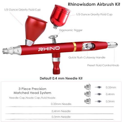 Rhinowisdom Airbrush Kit - Airbrush Gun Set Dual-Action Gravity Feed with 0.35, 0.4 & 0.5mm Needle Sets - Air Brush Set with 2 1/3 oz Replacement Cups for Nails Model Painting Cake Tattoo Makeup