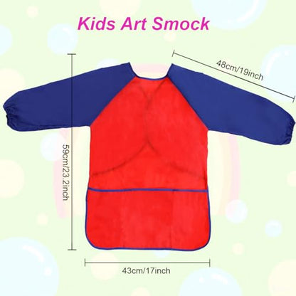 2 Pack Kids Art Smock Waterproof with Long Sleeve and 3 Roomy Pockets Artist Children Aprons for Toddlers Age 3-8 Painting Crafts（Red+Lake Blue） - color: 2 Pack Red+lake Blue