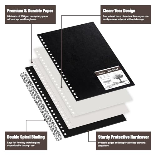 11" x 14" Mixed Media Sketchbook Hardcover Spiral Drawing Pad | 80 Sheets (160 Pages), 200gsm Paper, Dry & Light Wet Media, Lay Flat Spiral Binding, Clean Tear Pages, Acid-Free Protection - size: 11*14 inch(80 Sheets)