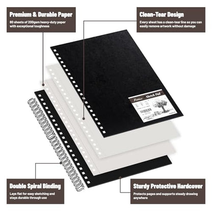8.5" x 11" Mixed Media Sketchbook Hardcover Spiral Drawing Pad | 80 Sheets (160 Pages), 200gsm Paper, Dry & Light Wet Media, Lay Flat Spiral Binding, Clean Tear Pages, Acid-Free Protection - size: 8.5*11 inch(80 Sheets)