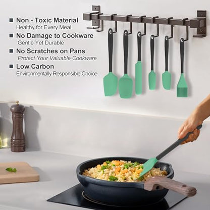 Silicone Spatula Set, 6 Pieces Food Grade Kitchen Utensils with Silicone Brush Heat Resistant Dishwasher Safe BPA-free Rubber Spatula for Scraping, Baking, Cooking, Mixing (Aqua Green) - color: Pure Aqua Green