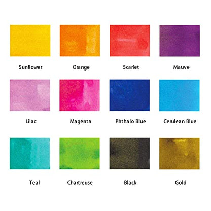 Mont Marte Drawing Ink Kit Signature 16pc, Great Art Set, Includes 12 x 7ml (0.24 US fl.oz) Ink Colours, Glass Dip Pen, Paint Brush, Pen Rest, Ink Well, for Illustration, Calligraphy, Scrapbooking