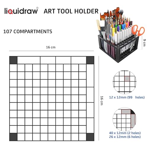 Liquidraw Brush & Pencil Holder - 107 Holes | Paint Brush Storage Organiser Rack | Portable Desk Stand for Pens, Markers, Watercolour Brushes & Art Tools | For Artists, Students, Teachers & Hobbyists | Desk Storage Rack for Paint Brushes, Pens, Pencils, M