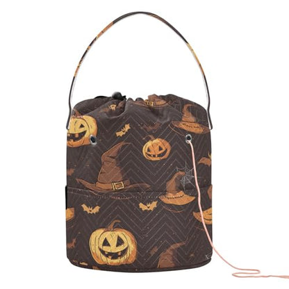 Yarn Bag Small Crochet Bag Drawstring Yarn Storage Organizer Knitting Project Bags Potable Yarn Holder with Holes Handle Crocheting Needles Knitting Accessories Brown Witch Hat Bat Halloween - color: Brown Witch Hat Bat Halloween