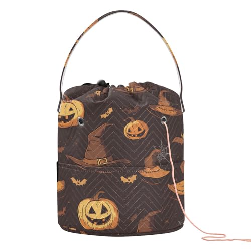 Yarn Bag Small Crochet Bag Drawstring Yarn Storage Organizer Knitting Project Bags Potable Yarn Holder with Holes Handle Crocheting Needles Knitting Accessories Brown Witch Hat Bat Halloween - color: Brown Witch Hat Bat Halloween