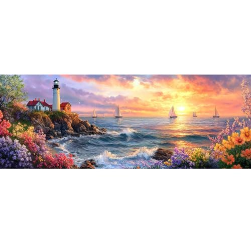 Bimkole Lighthouse Paint by Number for Adults, DIY Oil Painting Kit Landscape on Canvas with Paintbrushes and Acrylic Pigment, for Paint by Numbers for Beginner, for Home Wall Decor 31.5x11.81 Inch - color: 001-Lighthouse