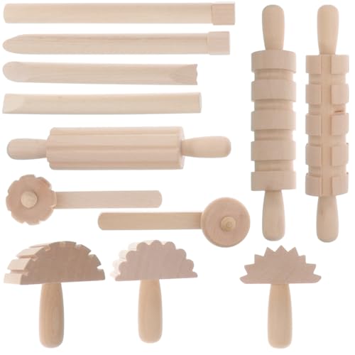 DIYEAH 12PCS Wooden Clay Tools for Kids, Play Dough Modeling Set | Beige Sculpting Kit with Rolling Pins, Texture Rollers, Cutters and Shaping Sticks for Pottery, Crafts and DIY Activities
