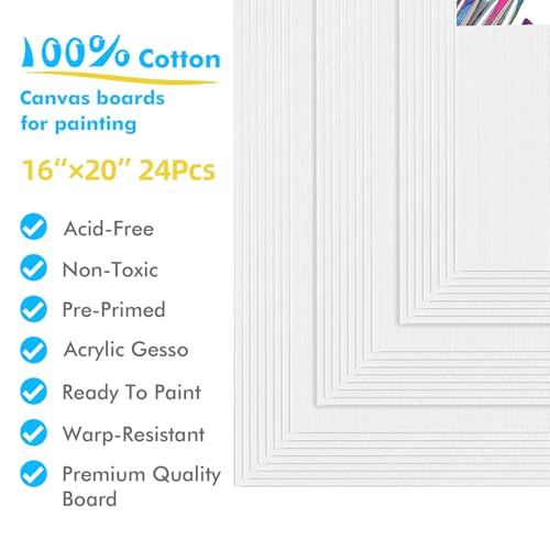 Canvas Boards for Painting, 24pcs 16x20 Primed Canvas for Painting | Bulk Painting Canvas for Kids and Adults, White Blank Canvas Panels for Acrylic, Oil, Pour Art Supplies - size: 16x20 inch