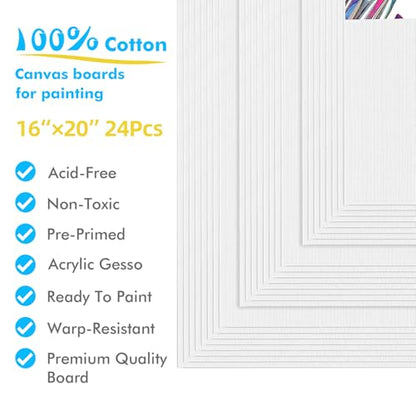 Canvas Boards for Painting, 24pcs 16x20 Primed Canvas for Painting | Bulk Painting Canvas for Kids and Adults, White Blank Canvas Panels for Acrylic, Oil, Pour Art Supplies - size: 16x20 inch