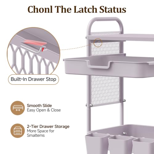 3 Tier Rolling Cart with 2 Drawers, Metal Utility Storage Carts with Wheels | Kitchen Rolling Cart 4.5" Deep Basket, Mesh Side Panel with 3 Cups, 4 Hooks for Office, Bedside, Craft Storage Cart - color: Dray Purple