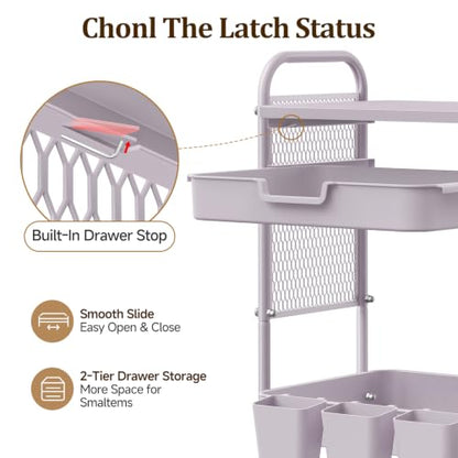 3 Tier Rolling Cart with 2 Drawers, Metal Utility Storage Carts with Wheels | Kitchen Rolling Cart 4.5" Deep Basket, Mesh Side Panel with 3 Cups, 4 Hooks for Office, Bedside, Craft Storage Cart - color: Dray Purple
