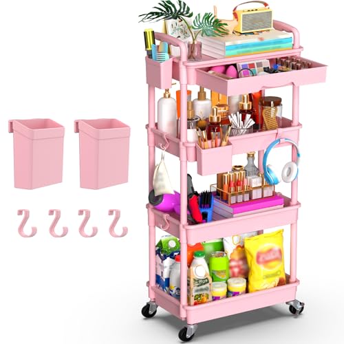 Goovilla 4 Tier Rolling Utility Cart Organizer with Removable Drawer, Pink | Stable and Sturdy Rolling Storage Carts with 2 Lockable Wheels for Bathroom, Kitchen, Snack, Craft, Makeup, Baby Essentials - size: 4 Tier, style: Pink