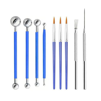 9PCS Clay Ball Stylus & Nail Art Tool Set, Dual-Ended | Metal Ball Stylus Pens & Fine Detail Brushes for Nail Art, Polymer Clay, Pottery, Ceramic Sculpting & DIY Crafts - color: 9Pcs