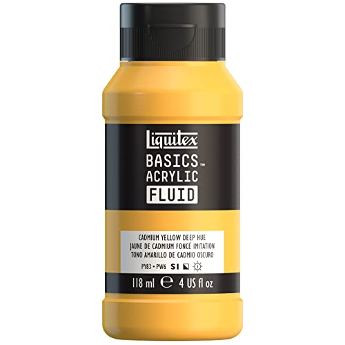 Liquitex Basics Acrylic Fluid Paint, 4-oz Bottle, Cadmium Yellow Deep Hue | Super Versatile, Fine Art Pigments; Fluid Consistency, Vibrant satin colors, Permanent, Lightfast, Water-Resistant Finish - color: Cadmium Yellow Deep Hue, style: 118ml (4-oz)
