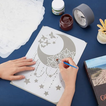 9PCS/Set Sun Moon Wall Stencils for Painting 12x8 Mandala Tile Stencil Large Flower Star Concrete Floor Stencils Reusable Drawing Template for Painting Wood Canvas Furniture Patio Home Decor