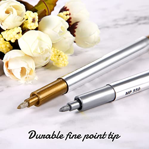 Gersoniel 6 Pack Gold and Silver Metallic Marker Pen, Permanent Paint Pen | 1.5mm Fine Point Tip, Metallic Paint Pen, for Christmas DIY Crafts Painting Paper Cards Writing Signature Lettering - size: 1 Count (Pack of 6)