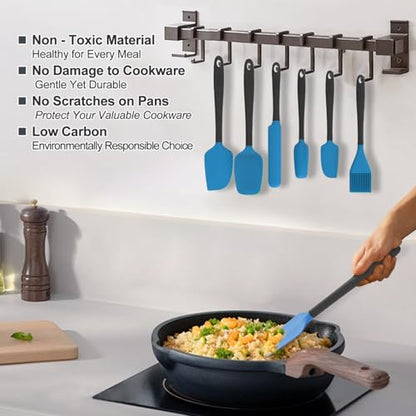 Silicone Spatula Set, 6 Pieces Food Grade Kitchen Utensils with Silicone Brush Heat Resistant Dishwasher Safe BPA-free Rubber Spatula for Scraping, Baking, Cooking, Mixing (Blue) - color: Blue