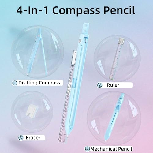 Cute Mechanical Pencil, Metal Grip, Refillable for School Supplies Kid Student Writing, Drafting Drawing Sketching, Mechanical Pencils Set with Lead Refills & Compass & Ruler & Eraser (Blue) - color: Blue