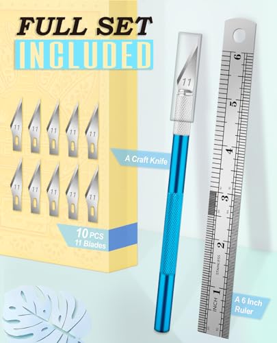 DIYSELF Precision Craft Knife with 10 Extra #11 Blades, 6-Inch Metal Ruler | Hobby Knife with Blades for Paper, Vinyl, Polymer Clay, Pottery & Models, Exacto Knife for Crafting, Crafters, Blue - color: Blue