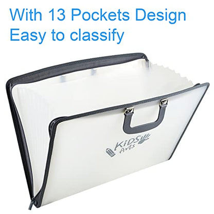Acocony 11x17 Art Portfolio-Accordian File Organizer with 13 Pockets | 11x17 Portfolio Folder for Artwork with Handle and Zipper Closure, Frosted Translucent,Waterproof 1-Pack