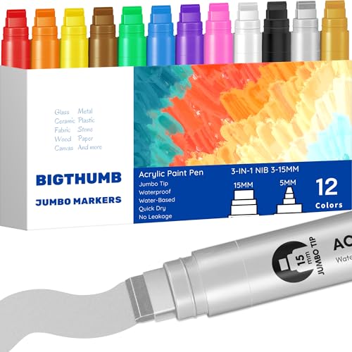BIGTHUMB Jumbo Poster Markers Set: 12 Colors Large 15mm Wide Tip Permanent Ink Thick Acrylic Paint Pens for Rock Painting, Stone, Glass, Wood, Ceramic, Metal, Plastic, Fabric - color: Multicolor