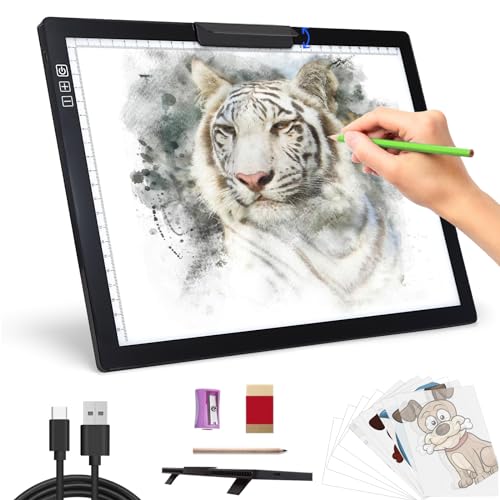 Rechargeable A4 Light Pad - Stepless Dimmable 6 Levels Brightness Tracing Light Box, Diamond Painting Light Board with Top Clip, Battery Powered Portable Light Pad for Weeding Vinyl Tracing - style: A4 Rechargeable(Black)