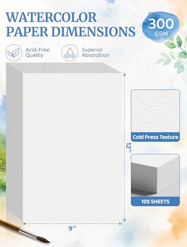 105 Sheets Watercolor Paper 9x12, 140 LB Cold Press Watercolor Paper Bulk | 300 GSM Water Color Paper 9x12, Art Supplies for Kids Adults, Watercolor Paper Pad for Painting, Sketching, Acrylic, Gouache - color: 105 Sheets, size: 9 x 12 IN
