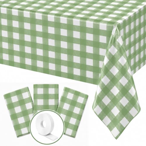 Blue Orchards Sage Green Gingham Table Cover (Pack of 3 with 20 Glue dots) - 54"x108" XL - Sage Green and White Checkered Picnic Tablecloth, Baby Shower Decoration, Outdoor Birthday Party Supplies - color: Sage Green Gingham (Pack of 3)