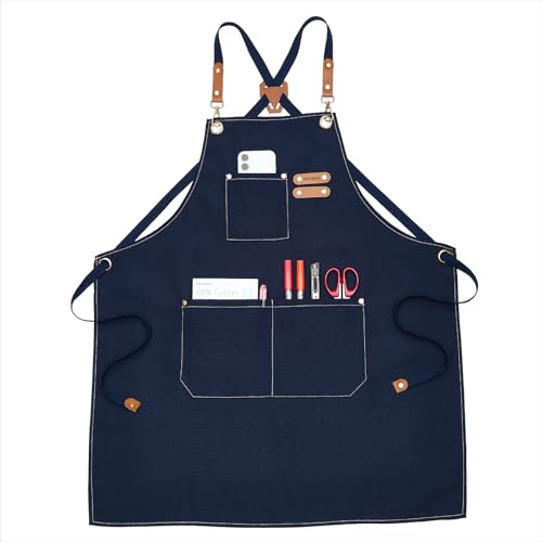 MEEDEN Painting Apron for Men Women: Adjustable Cross Back Waterproof | Polyester Canvas Art Apron with 3 Pockets - Artist Apron for Acrylic Oil & Watercolor Painting, Gardening, Cooking - Navy - color: Navy