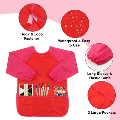 Kids Art Smocks,Colorful Toddler Painting Apron Waterproof Artist Smock with Long Sleeve and 3 Pockets for Kids 3-7 - color: Red